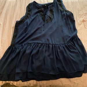 Lane Bryant navy blouse with black lace trim